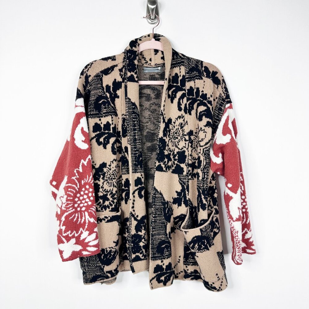Anthropologie Lola Cocoon Cardigan Open Front Patchwork Tan Red XS/S #A1045 - Picture 3 of 16